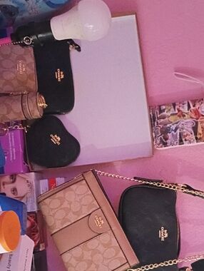 Coach Khaki/Tan Signature Crossbody Wallet with Gold Chain